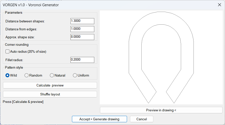 The Voronoi Generator dialog - distances, shape size, corner rounding, four pattern styles, live preview pane